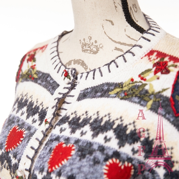 Heirloom Collectibles vintage hearts ugly Christmas chunky knit sweater cardigan - Picture 5 of 16